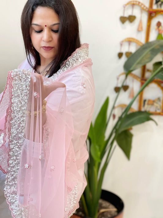 Peachish Pink Net Dupatta with Sequin and Pearl Embroidery - Masakalee
