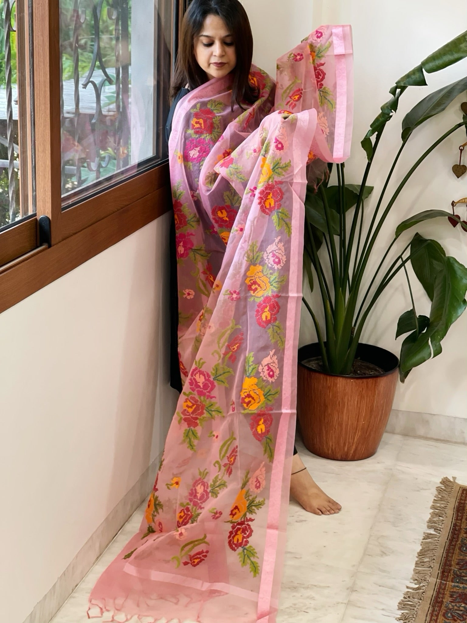 Peachish Pink Organza Dupatta with cross - stitch embroidery - Masakalee