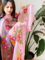 Peachish Pink Organza Dupatta with cross - stitch embroidery - Masakalee