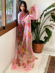 Peachish Pink Organza Dupatta with cross - stitch embroidery - Masakalee