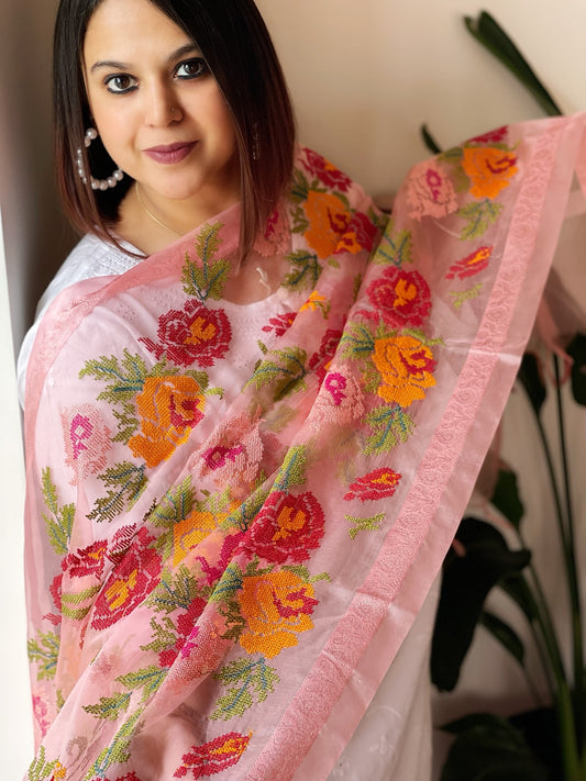Peachish Pink Organza Dupatta with cross - stitch embroidery - Masakalee