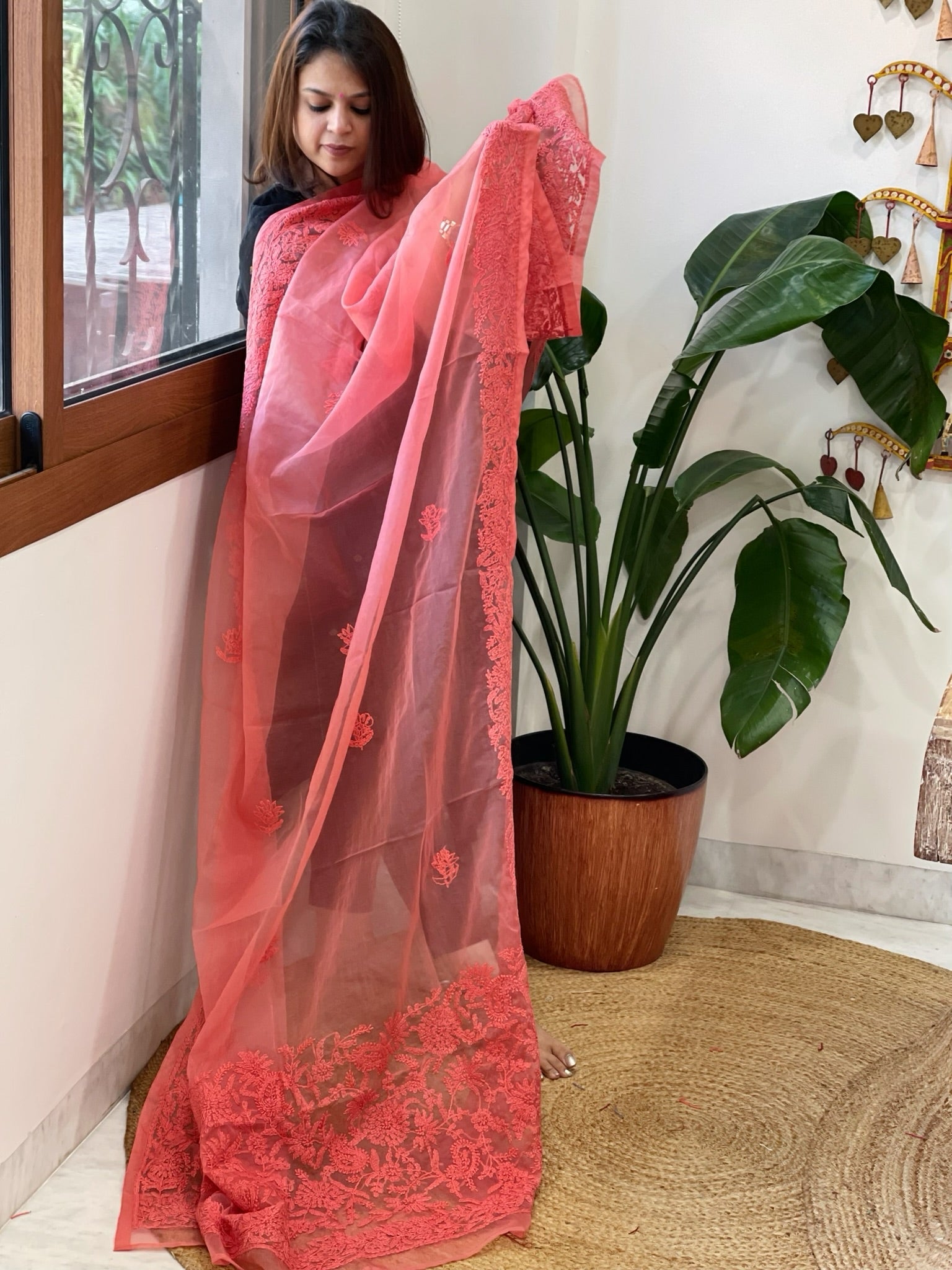 Peachish Pink Organza dupatta with Lucknowi Handwork - Masakalee