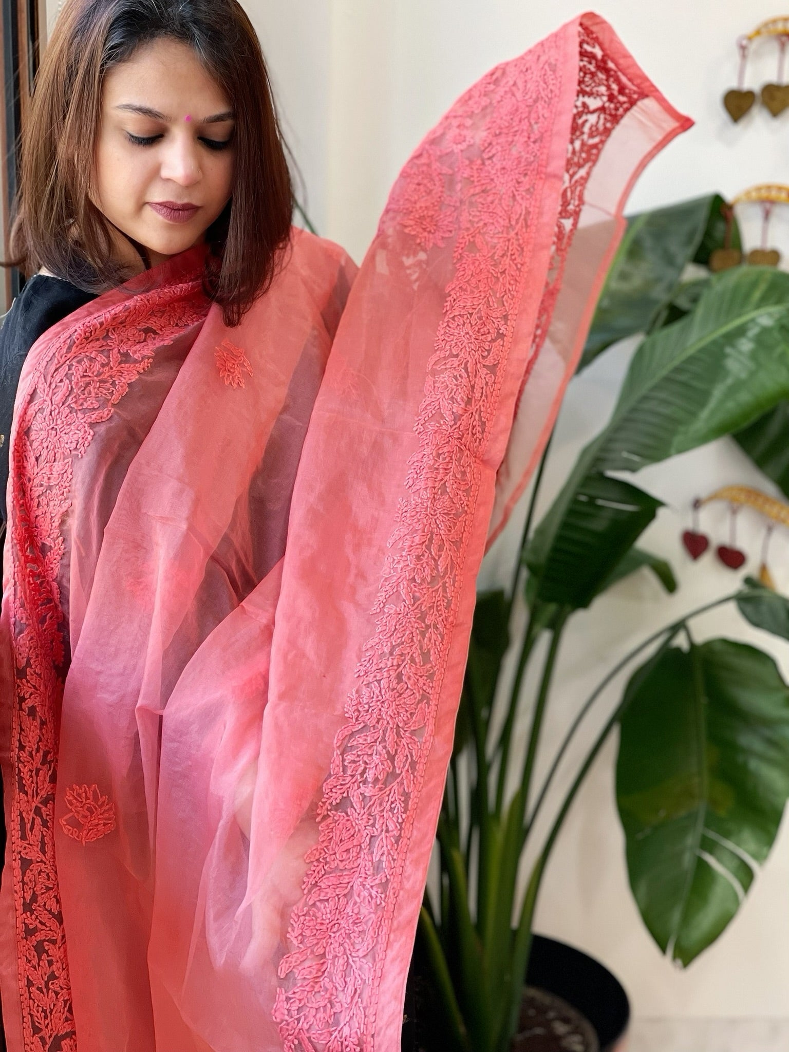 Peachish Pink Organza dupatta with Lucknowi Handwork - Masakalee