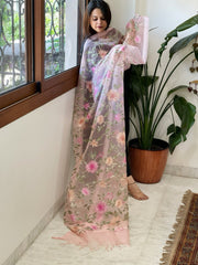 Peachish Pink Organza Dupatta with thread embroidery - Masakalee