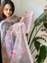 Peachish Pink Organza Dupatta with thread embroidery - Masakalee
