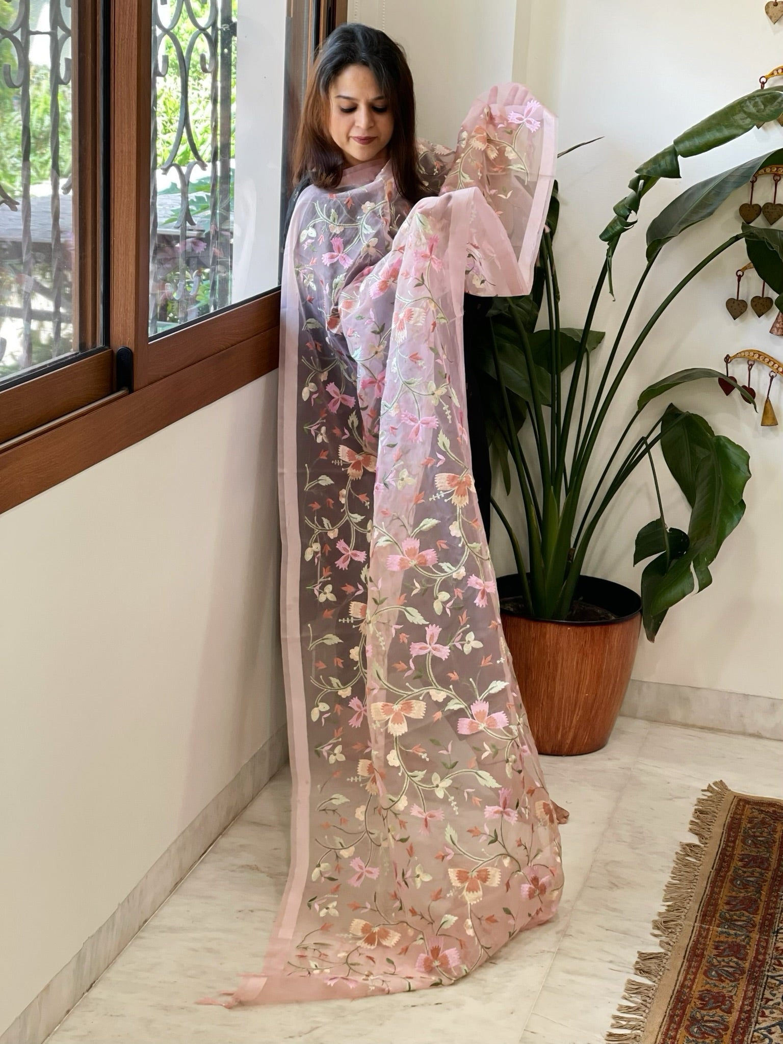 Peachish Pink Organza Dupatta with thread embroidery - Masakalee