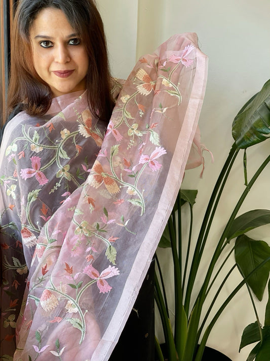 Peachish Pink Organza Dupatta with thread embroidery - Masakalee