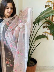 Peachish Pink Organza Dupatta with Thread Embroidery - Masakalee