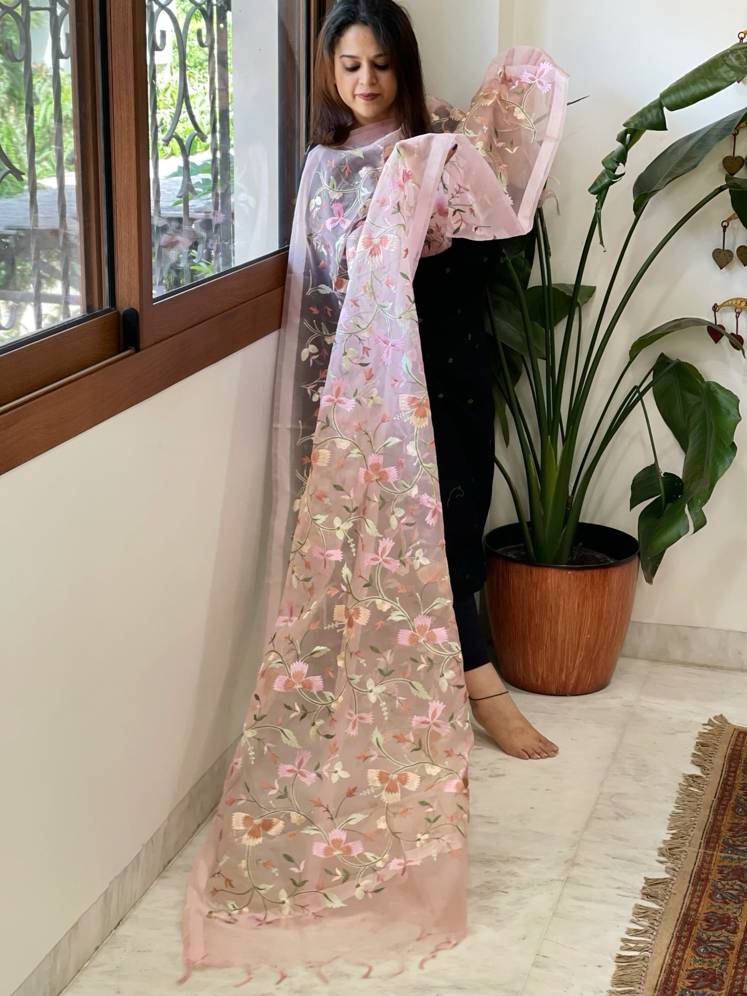 Peachish Pink Organza Dupatta with thread embroidery - Masakalee