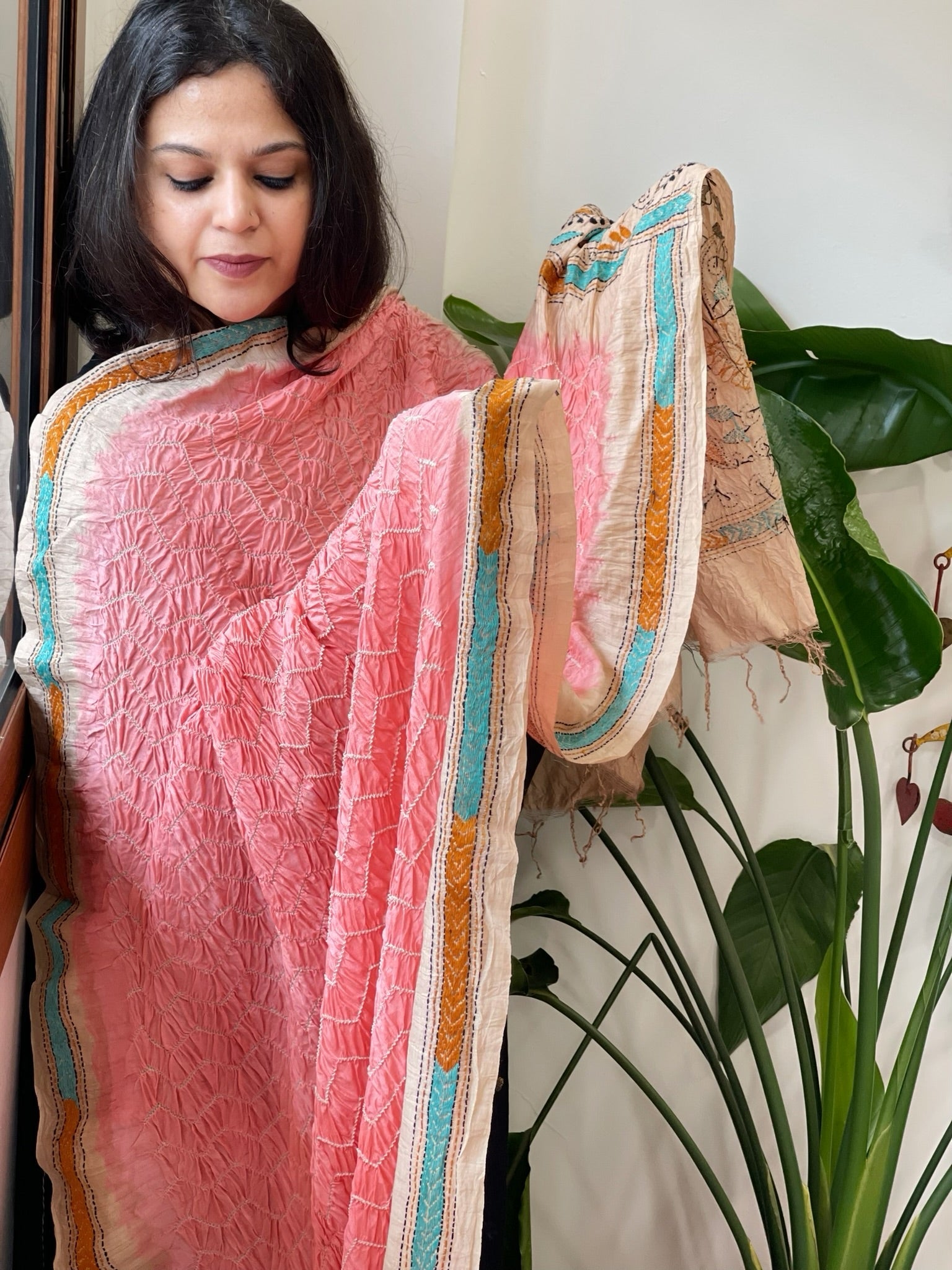 Peachish Pink Rai Bandhej Dupatta with Kantha Handwork in Pure Munga Tussar Silk - Masakalee
