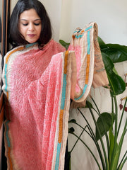 Peachish Pink Rai Bandhej Dupatta with Kantha Handwork in Pure Munga Tussar Silk - Masakalee