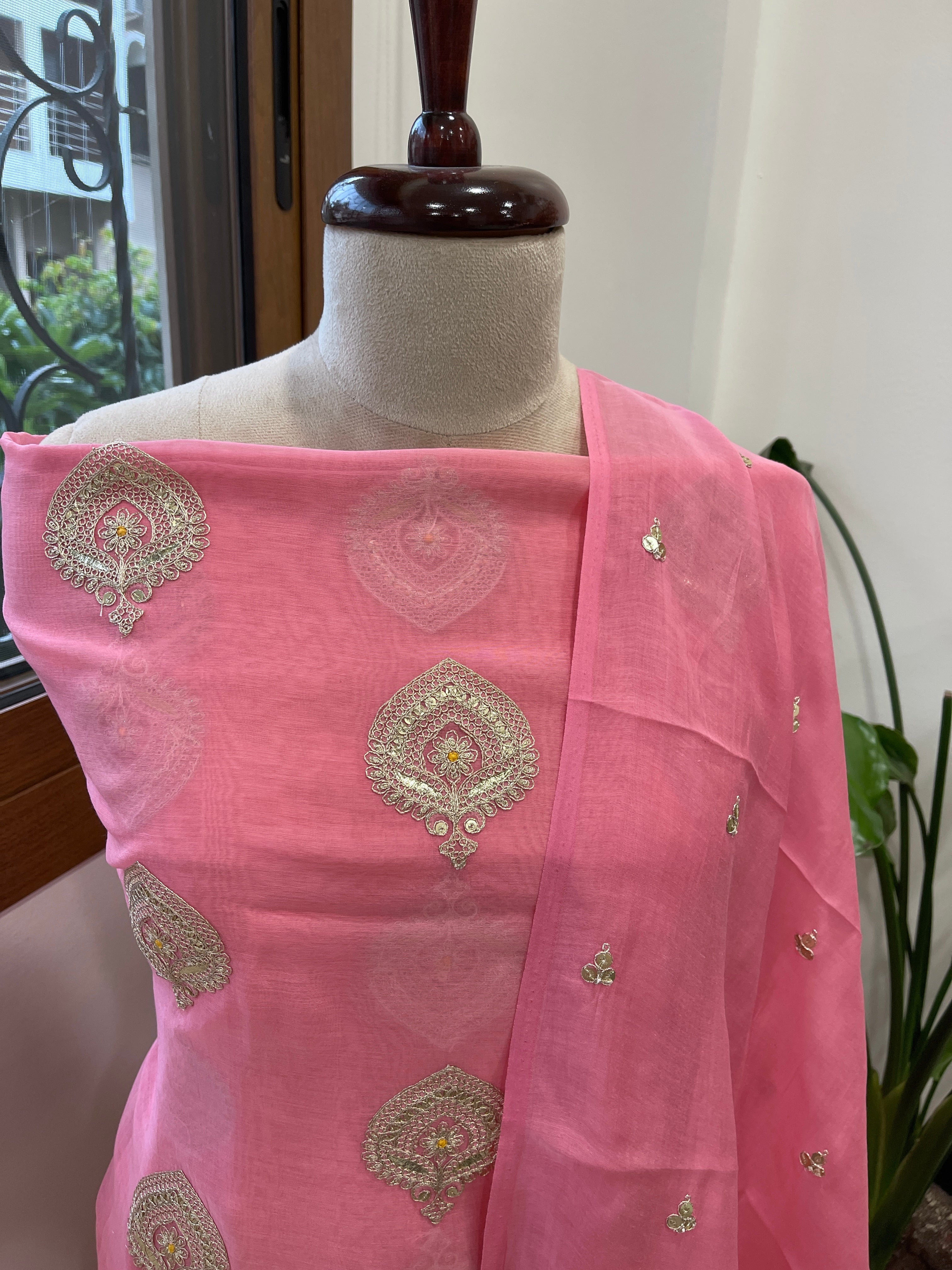 Peachish Pink Suit Set with Gold Thread & Sequin Work in Pure Mul - Masakalee