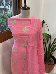 Peachish Pink Suit Set with Gold Thread & Sequin Work in Pure Mul - Masakalee