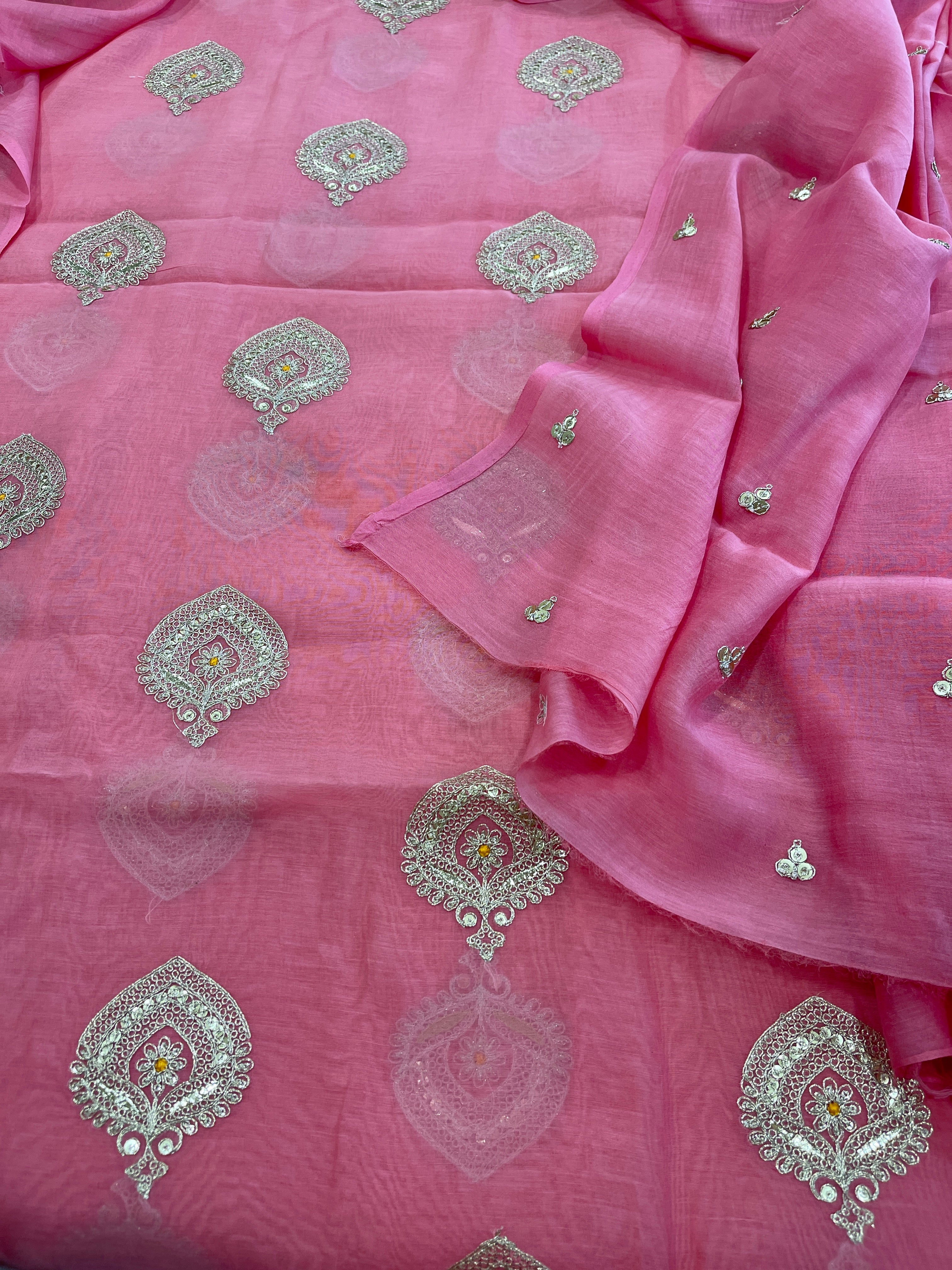 Peachish Pink Suit Set with Gold Thread & Sequin Work in Pure Mul - Masakalee