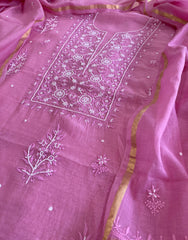 Peachish Pink Suit Set with Lucknowi Handwork in Pure Mul Chanderi - Masakalee