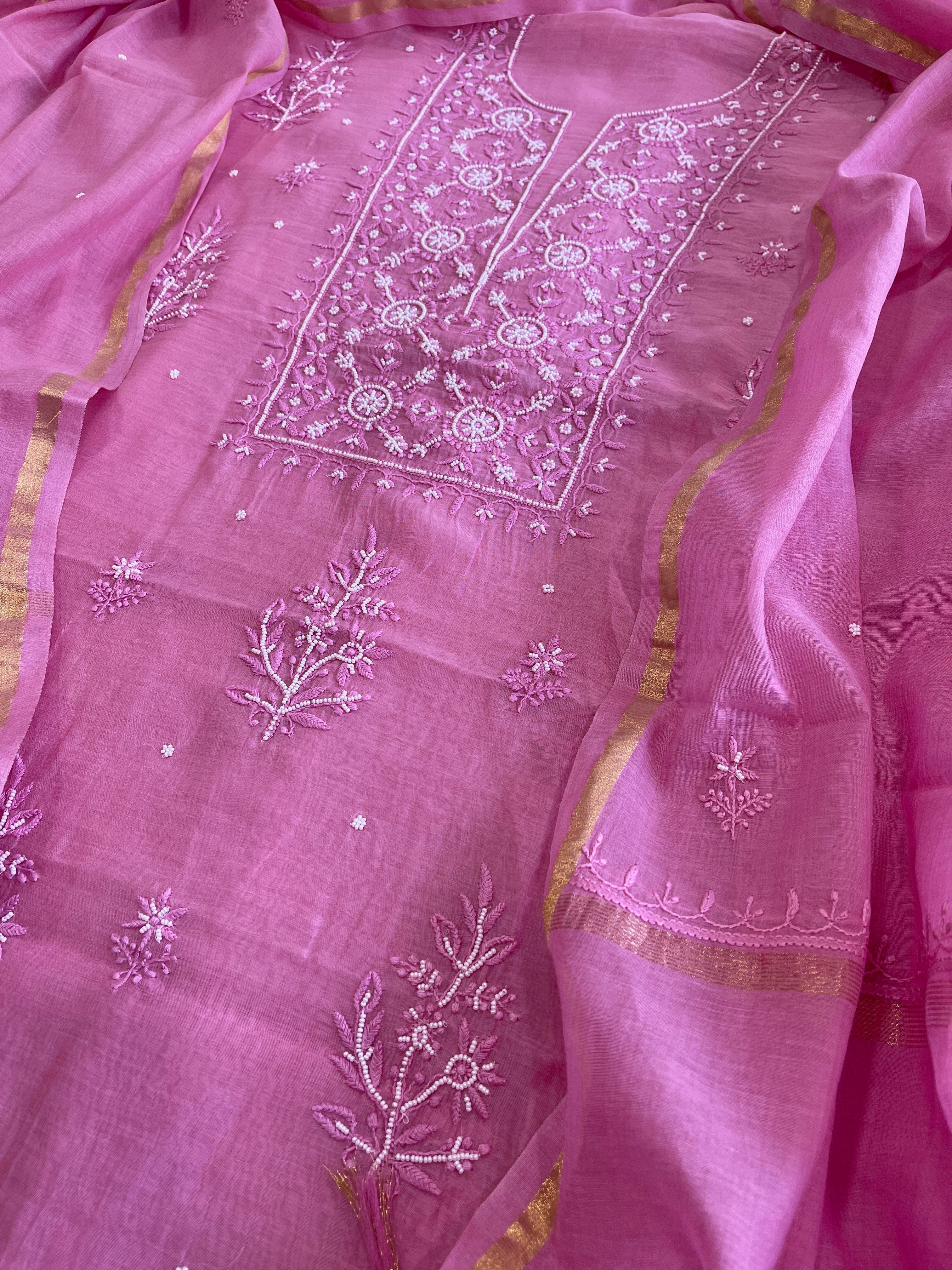 Peachish Pink Suit Set with Lucknowi Handwork in Pure Mul Chanderi - Masakalee