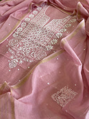 Peachish Pink Suit Set with Lucknowi & Pearl Handwork in Pure Mul Cotton - Masakalee