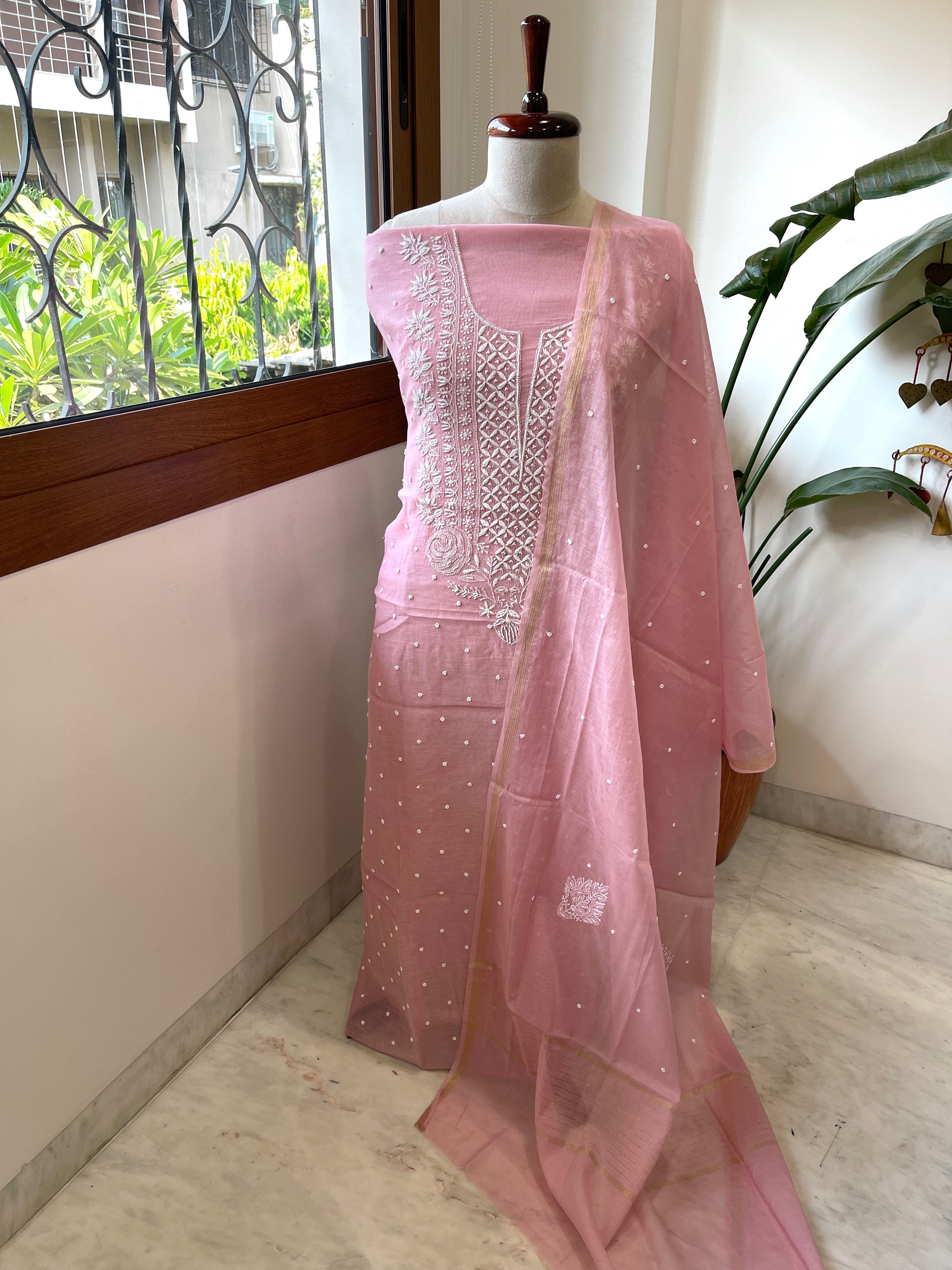 Peachish Pink Suit Set with Lucknowi & Pearl Handwork in Pure Mul Cotton - Masakalee