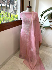 Peachish Pink Suit Set with Lucknowi & Pearl Handwork in Pure Mul Cotton - Masakalee