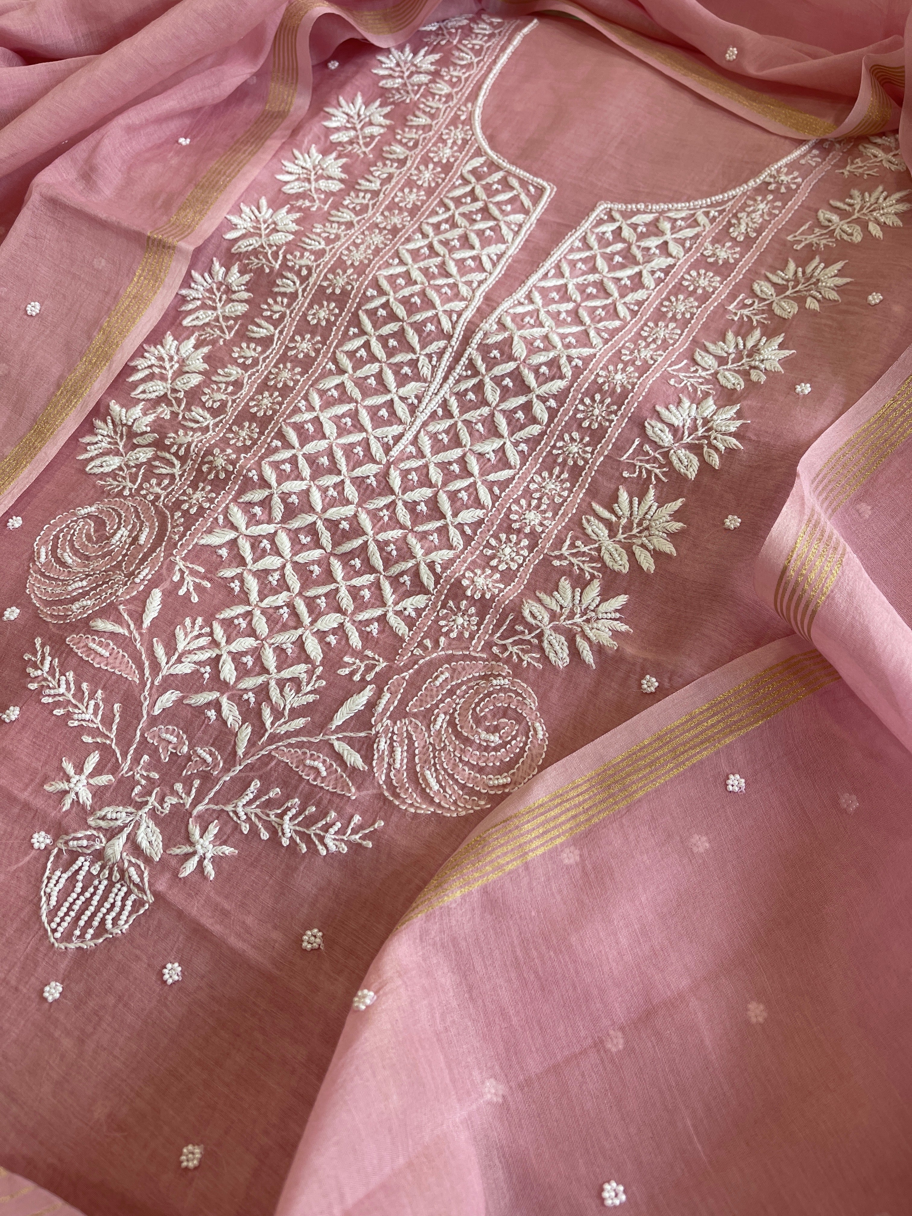 Peachish Pink Suit Set with Lucknowi & Pearl Handwork in Pure Mul Cotton - Masakalee