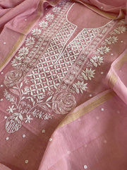 Peachish Pink Suit Set with Lucknowi & Pearl Handwork in Pure Mul Cotton - Masakalee