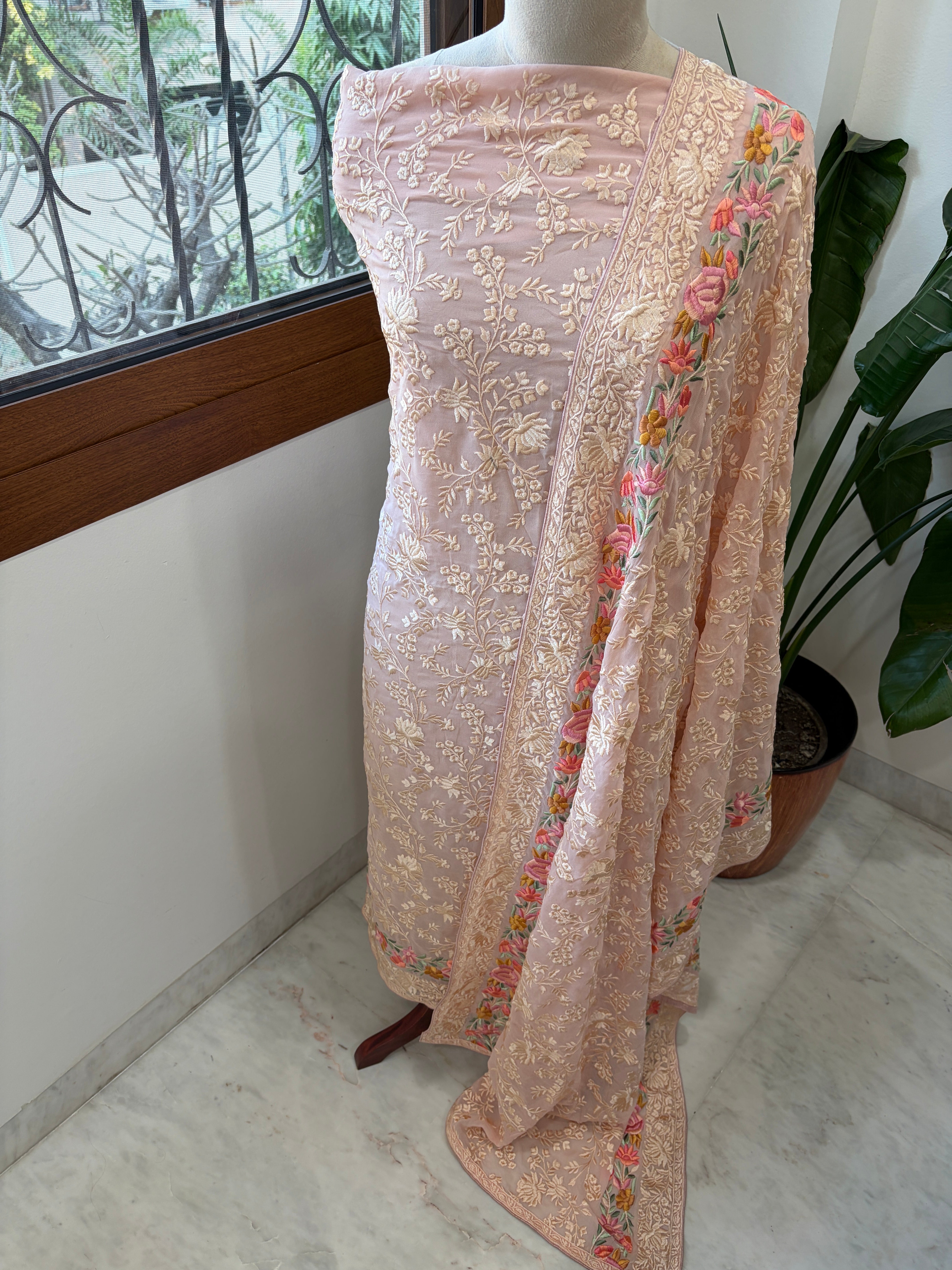 Peachish Pink Suit Set with Parsi Gara Embroidery in Georgette - Masakalee