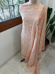 Peachish Pink Suit Set with Parsi Gara Embroidery in Georgette - Masakalee
