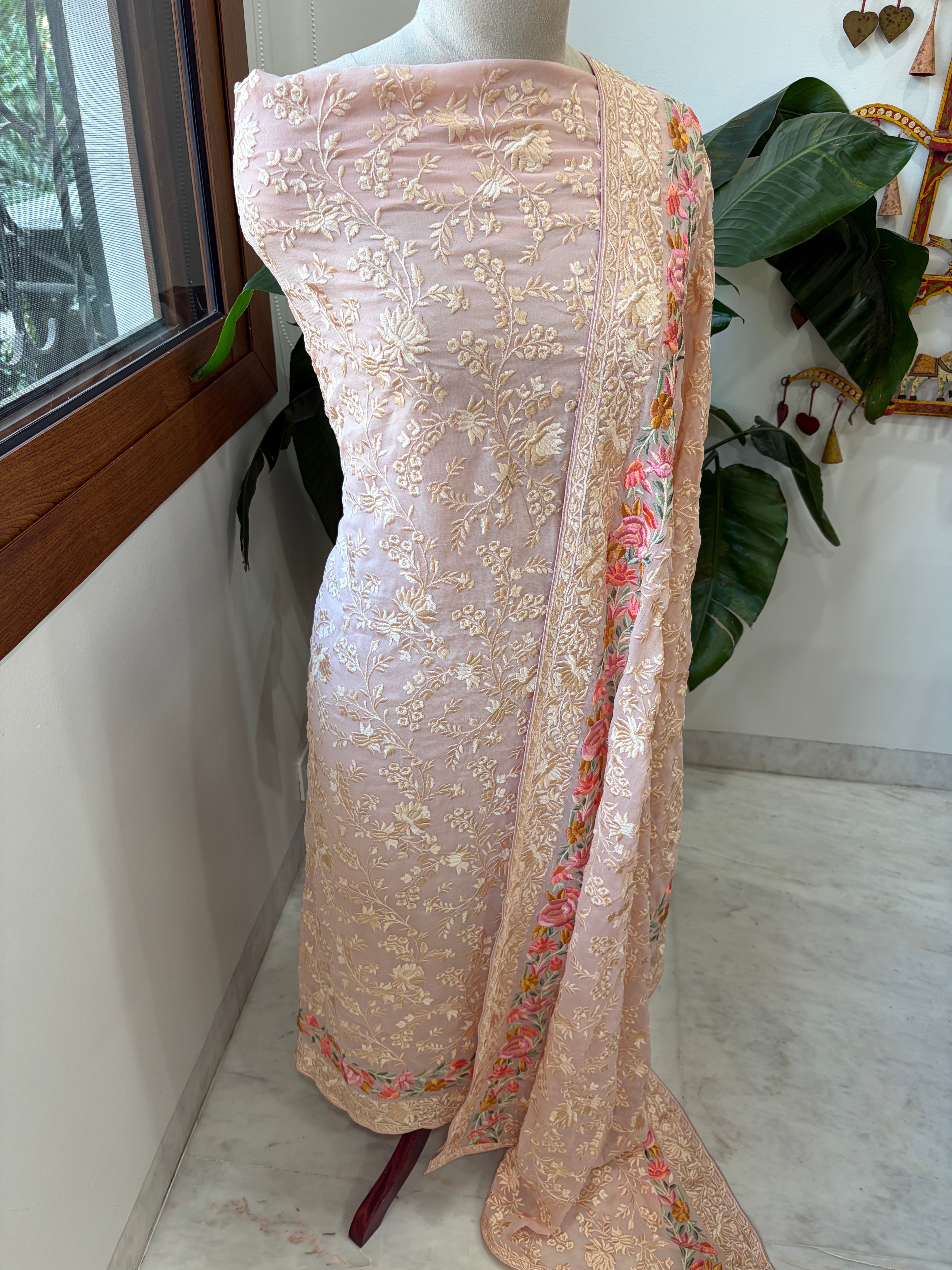 Peachish Pink Suit Set with Parsi Gara Embroidery in Georgette - Masakalee
