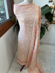 Peachish Pink Suit Set with Parsi Gara Embroidery in Georgette - Masakalee