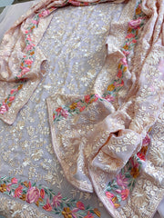 Peachish Pink Suit Set with Parsi Gara Embroidery in Georgette - Masakalee