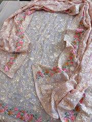 Peachish Pink Suit Set with Parsi Gara Embroidery in Georgette - Masakalee