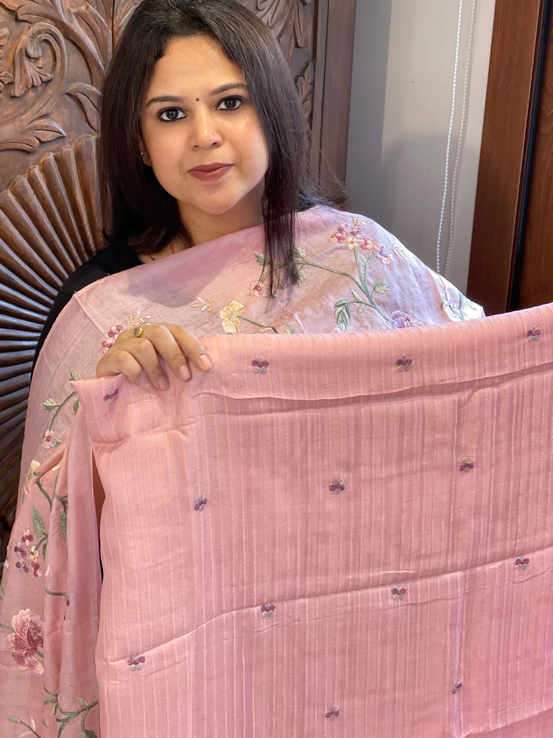 Peachish Pink Suit Set with Parsi Gara Embroidery in Pure Tussar Silk - Masakalee