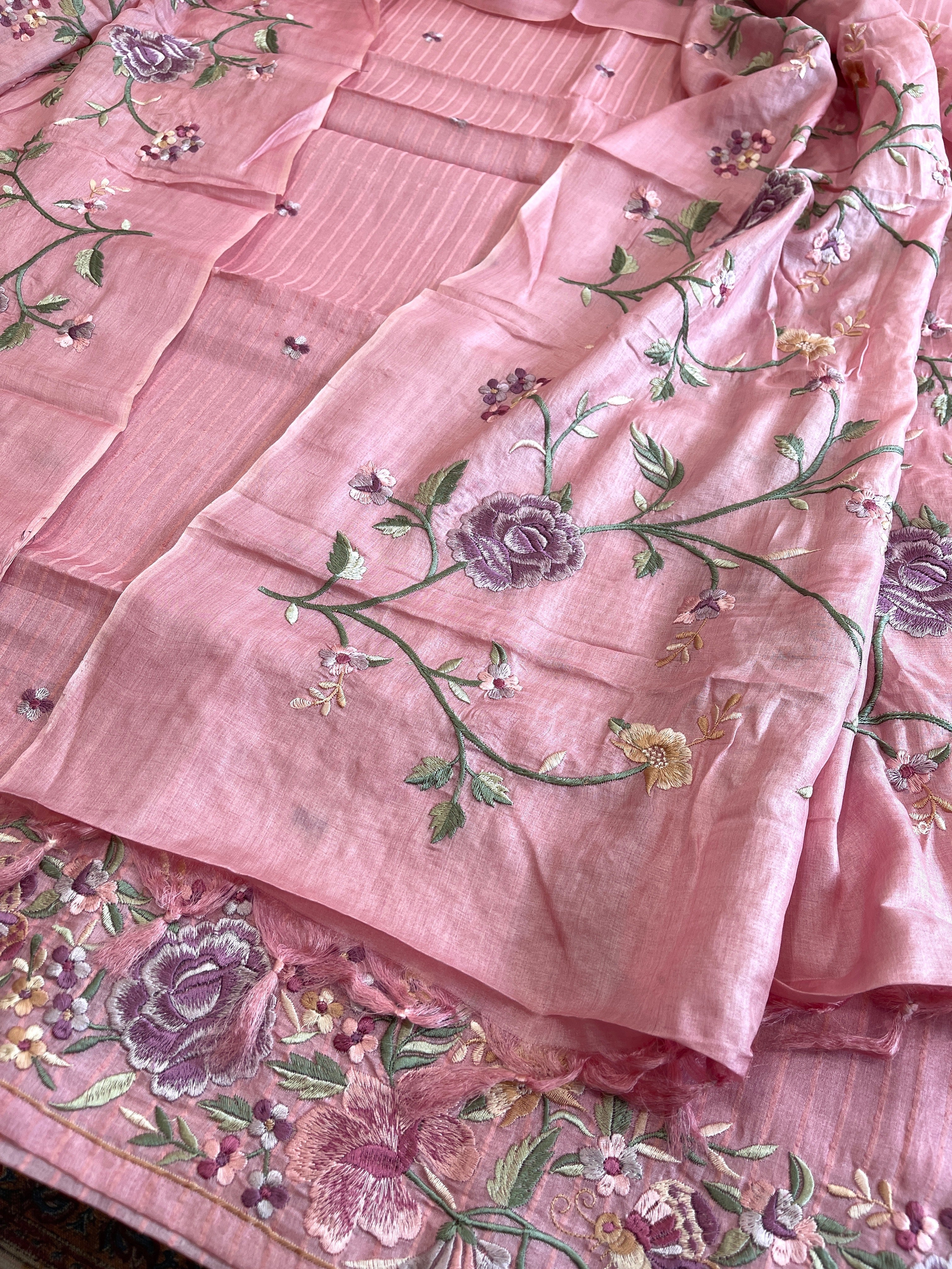 Peachish Pink Suit Set with Parsi Gara Embroidery in Pure Tussar Silk - Masakalee