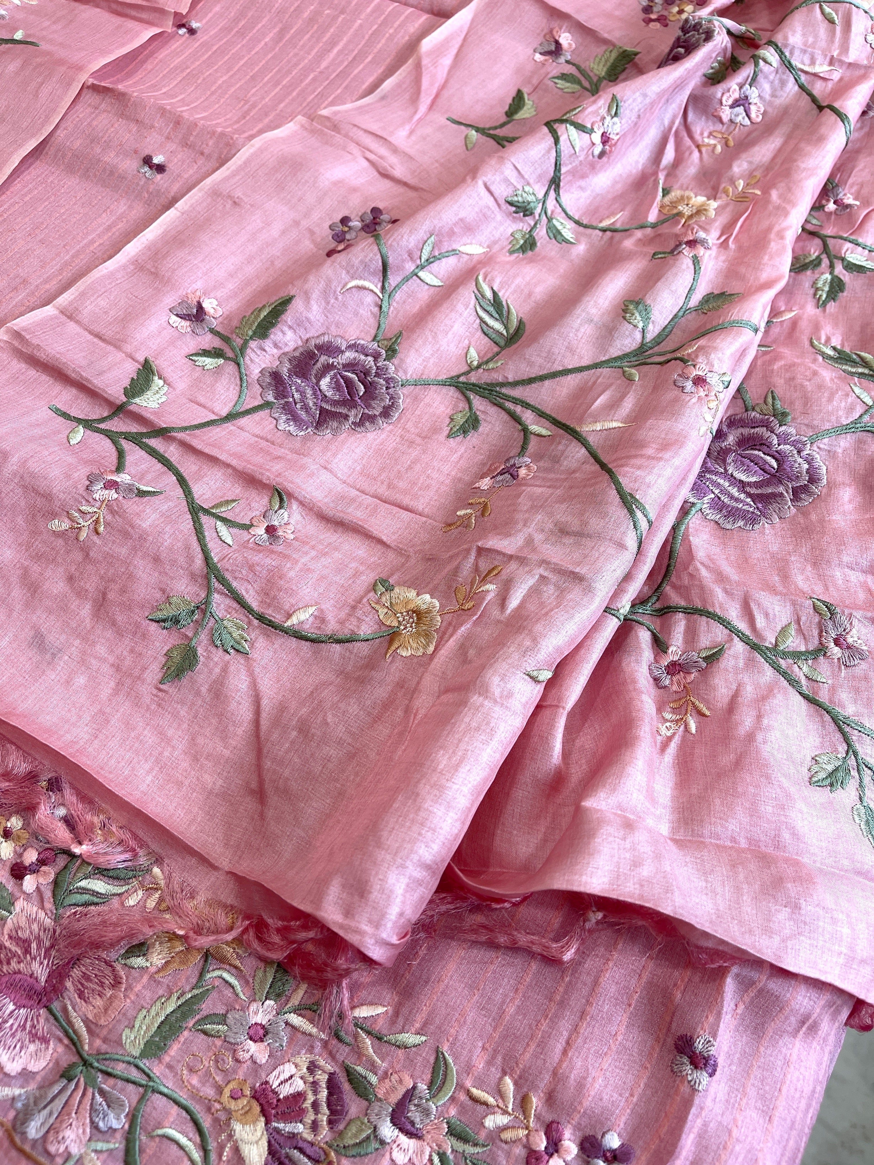 Peachish Pink Suit Set with Parsi Gara Embroidery in Pure Tussar Silk - Masakalee