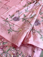Peachish Pink Suit Set with Parsi Gara Embroidery in Pure Tussar Silk - Masakalee