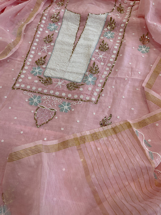 Peachish Pink Suit Set with Pearl, Cut Daana and Mukaish Handwork in Pure Mul Chanderi - Masakalee