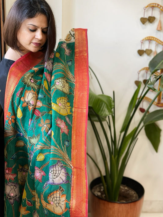 Peacock Green Handpainted Kalamkari Dupatta with Thread & Mirror Handwork in Chanderi Silk - Masakalee