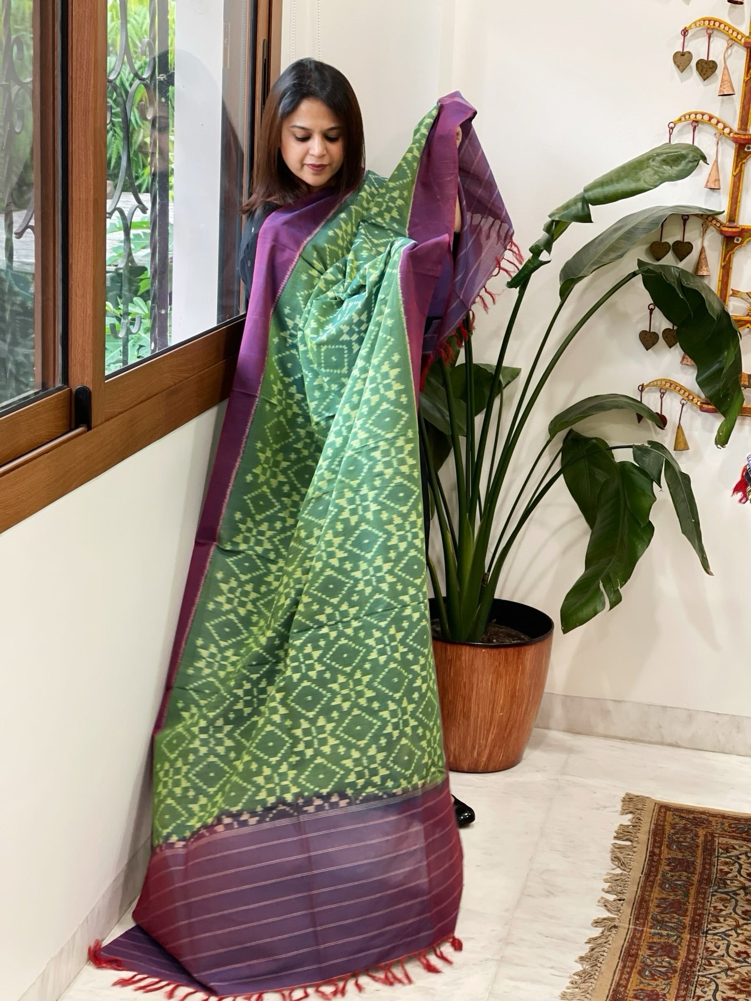 Peacock Green, Purple Handwoven Ikat Dupatta in Cotton - Masakalee