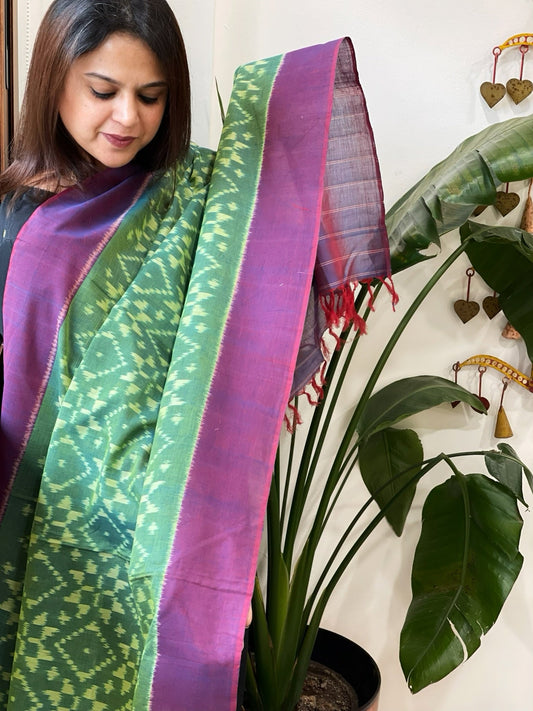 Peacock Green, Purple Handwoven Ikat Dupatta in Cotton - Masakalee