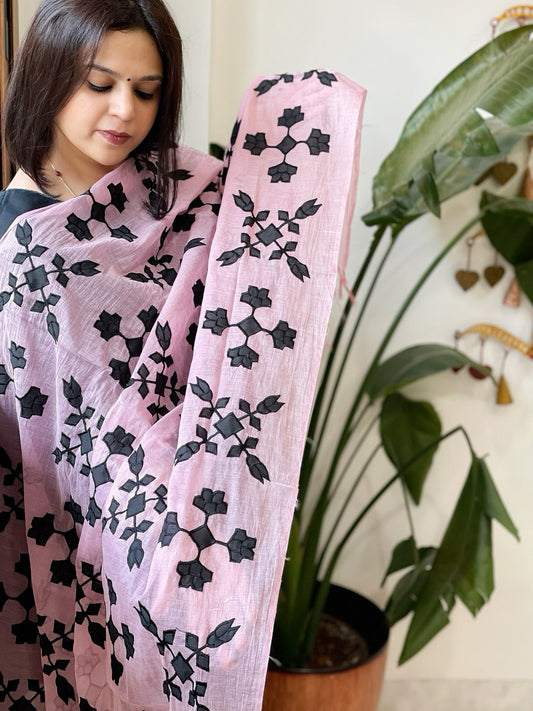 Pink Applique handwork Dupatta in Mul Chanderi - Masakalee