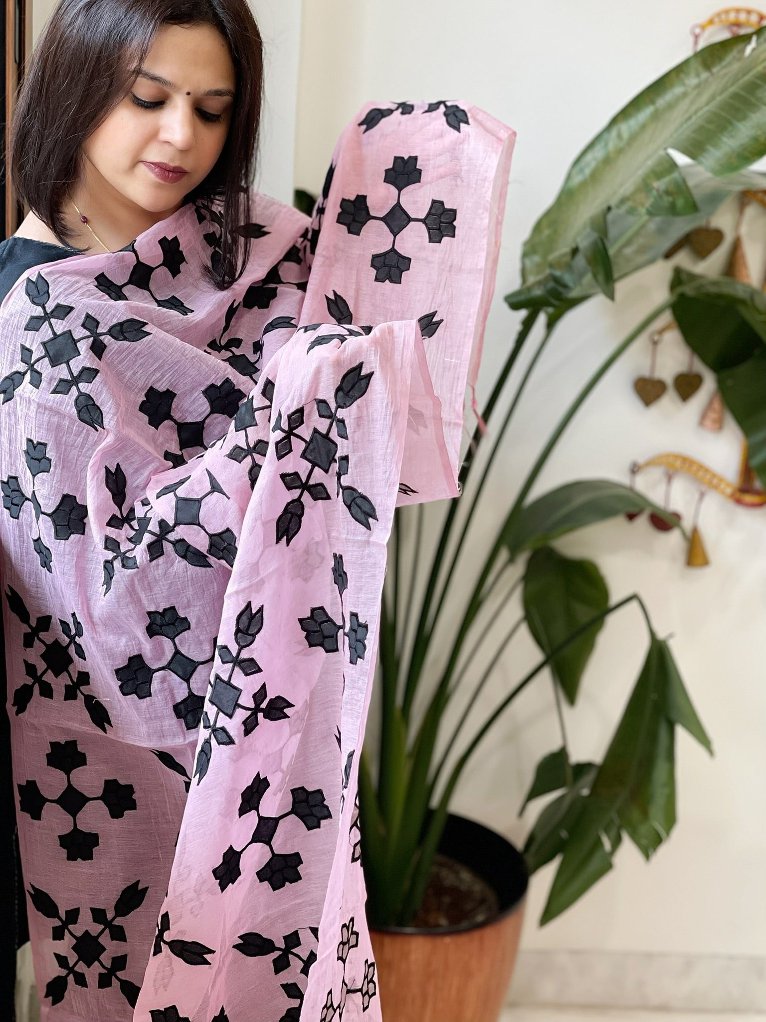 Pink Applique handwork Dupatta in Mul Chanderi - Masakalee
