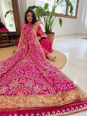 Pink Bandhani Dupatta with Gotapatti Handwork in Pure Silk - Masakalee