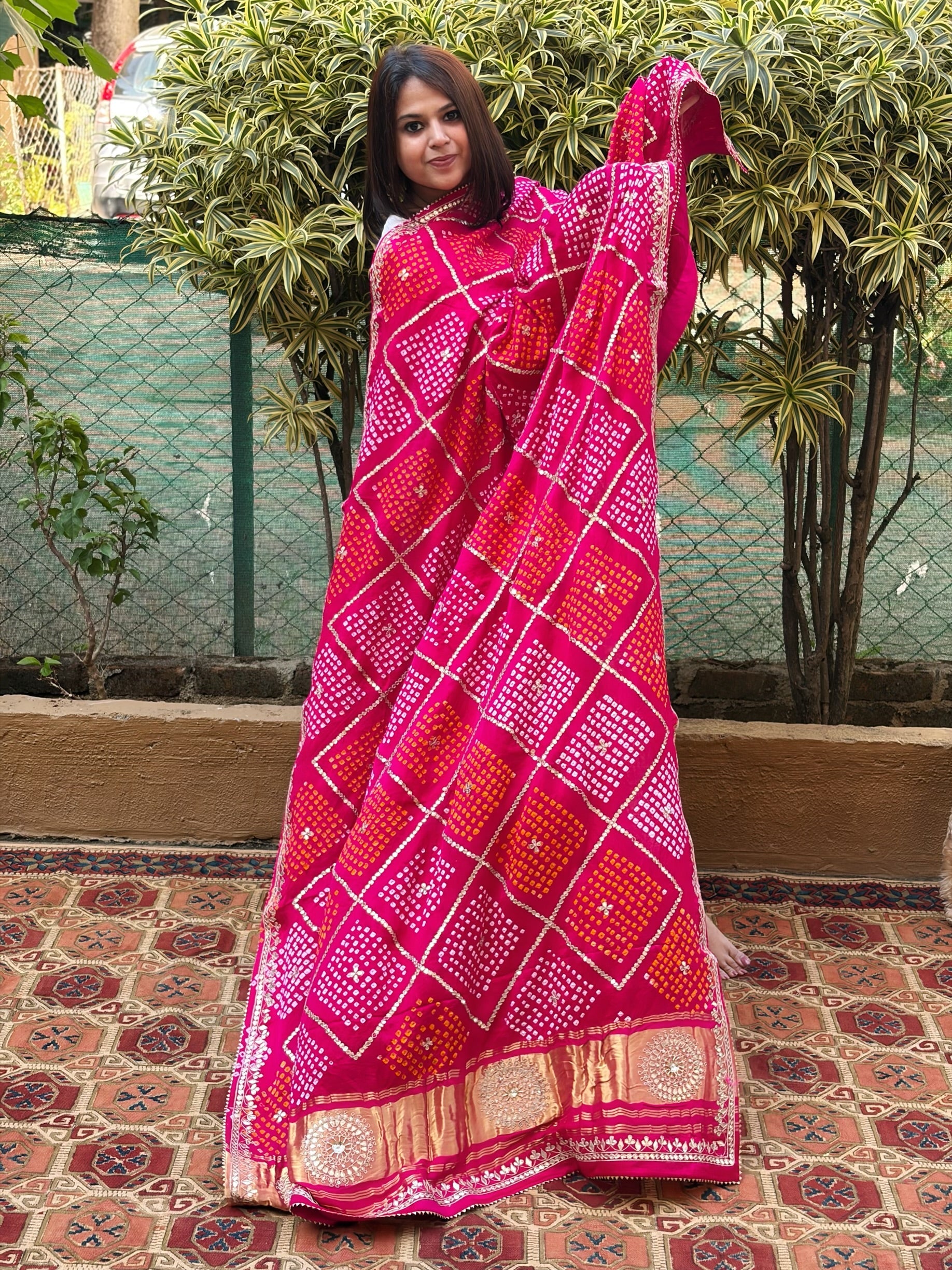 Pink Bandhani Dupatta with Gotapatti Handwork in Pure Silk - Masakalee