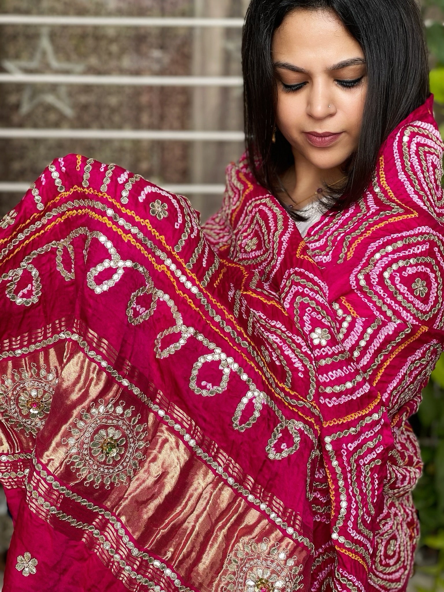 Pink Bandhani Dupatta with Gotapatti Handwork in Pure Silk - Masakalee