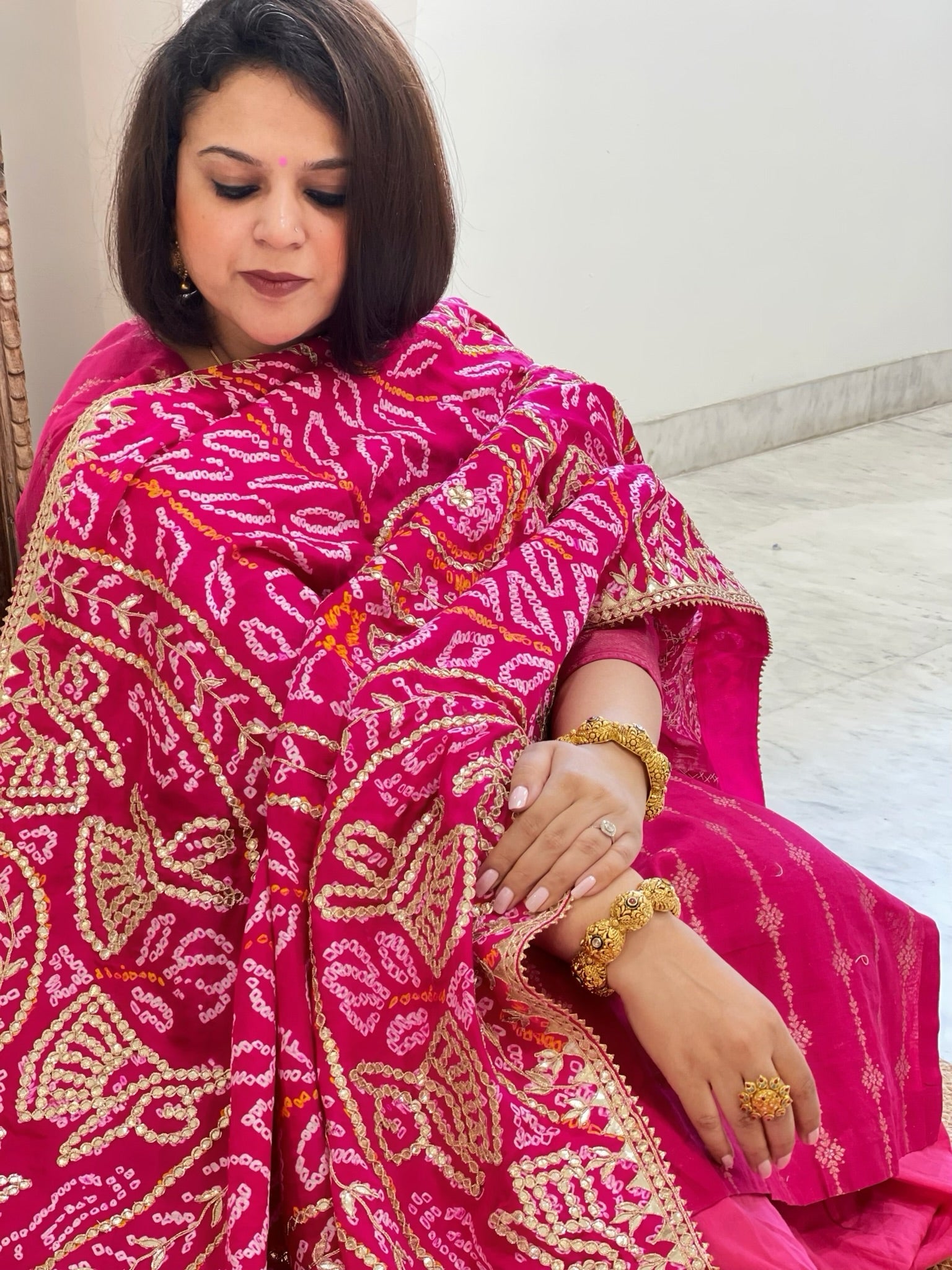 Pink Bandhani Dupatta with Gotapatti Handwork in Pure Silk - Masakalee
