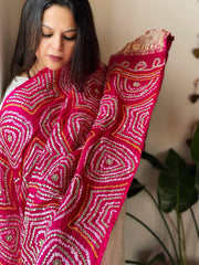 Pink Bandhani Dupatta with Gotapatti Handwork in Pure Silk - Masakalee