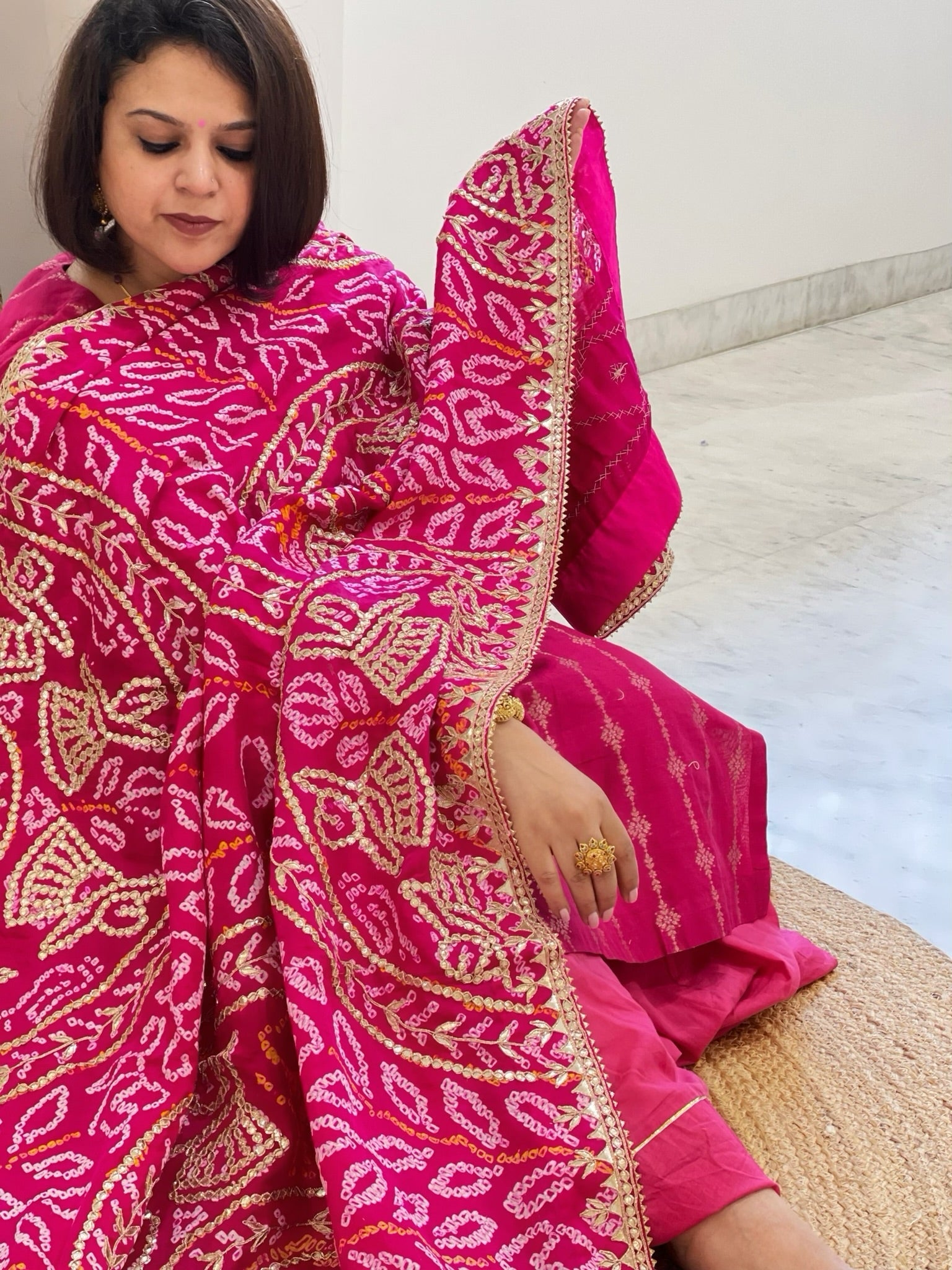 Pink Bandhani Dupatta with Gotapatti Handwork in Pure Silk - Masakalee