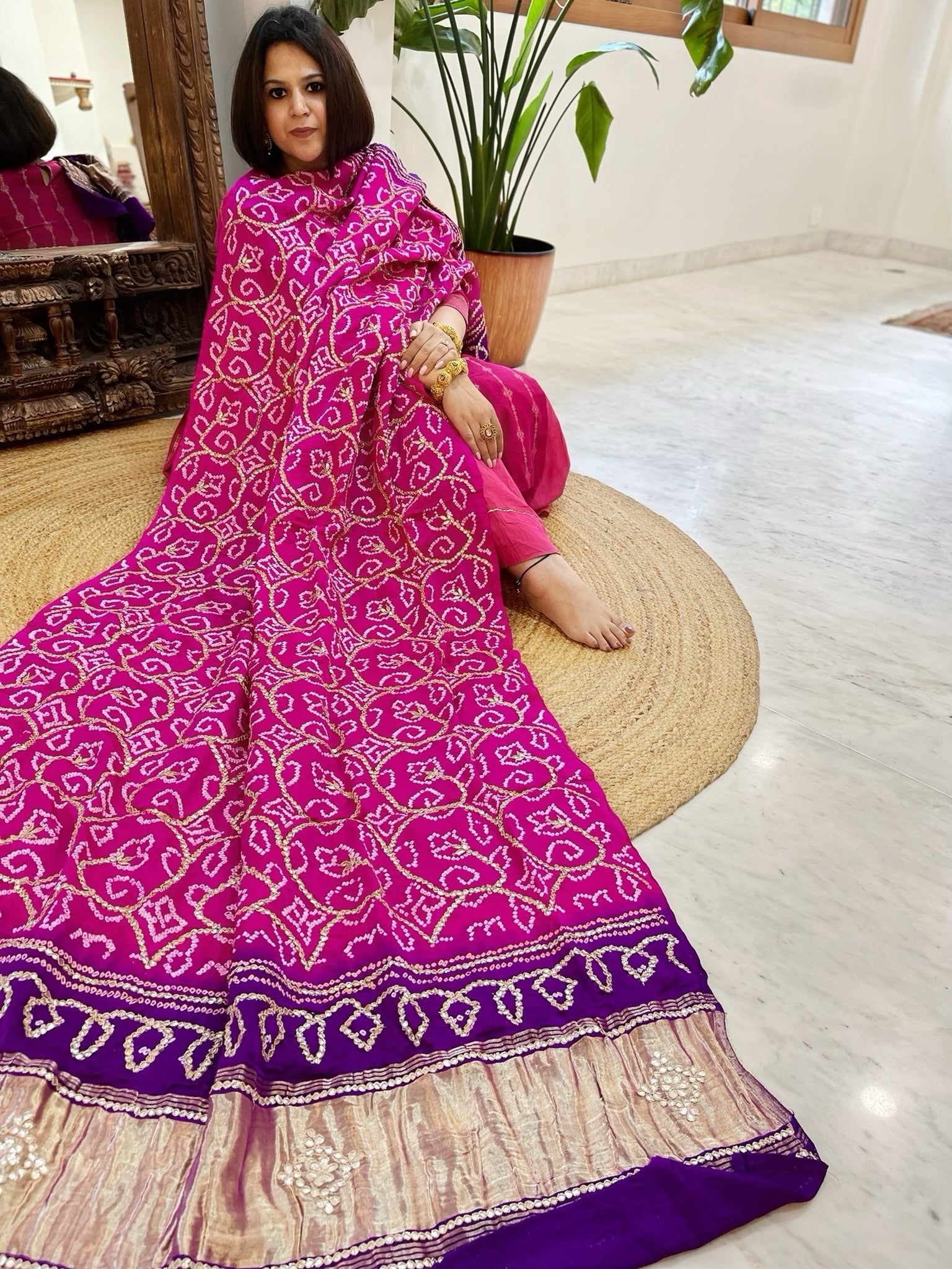 Pink Bandhani Dupatta with Gotapatti Handwork in Pure Silk - Masakalee