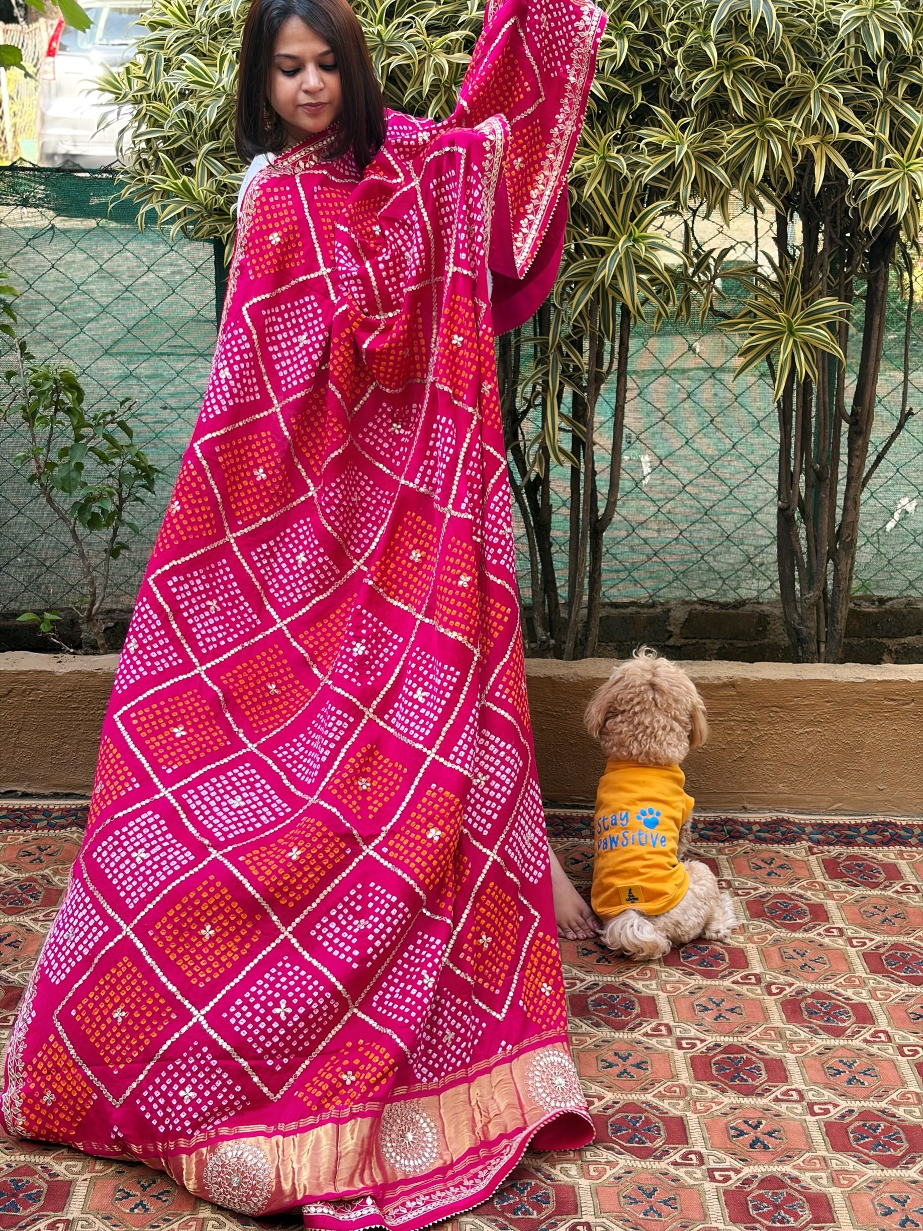 Pink Bandhani Dupatta with Gotapatti Handwork in Pure Silk - Masakalee