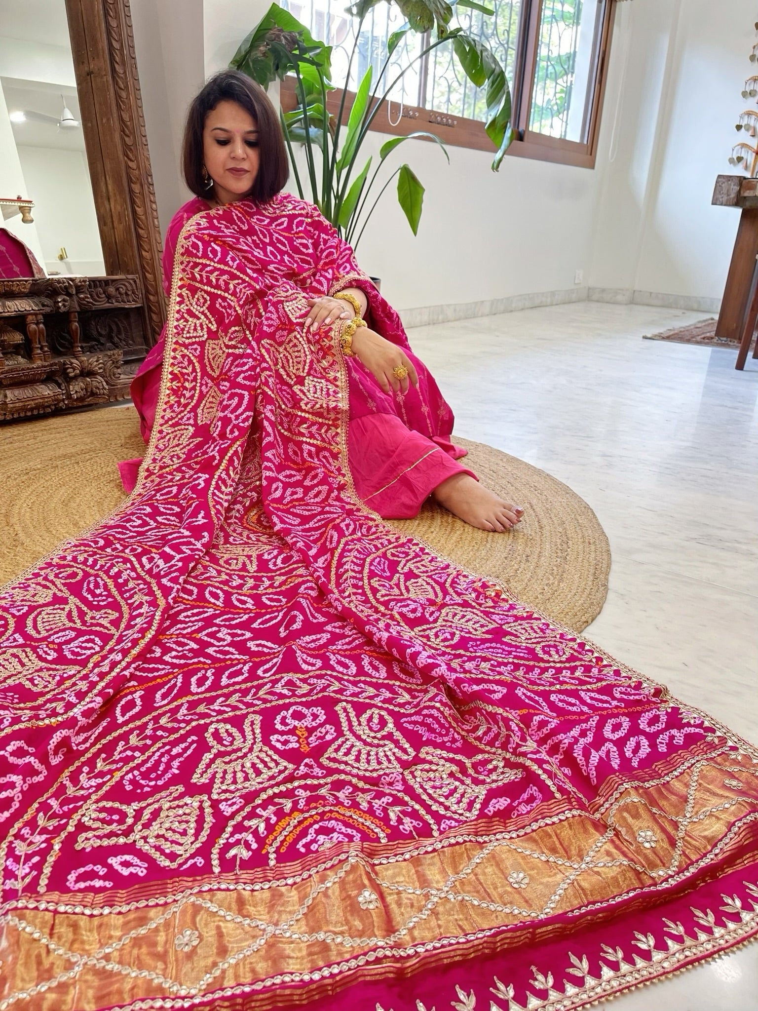 Pink Bandhani Dupatta with Gotapatti Handwork in Pure Silk - Masakalee